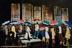 Mixed media metallic gold City, Umbrellas and night shoppers.