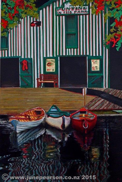 3e - Collage Chalk Pastel, Card, fabric-Red & black survives- Antigua Boat Sheds, ChCh NZ